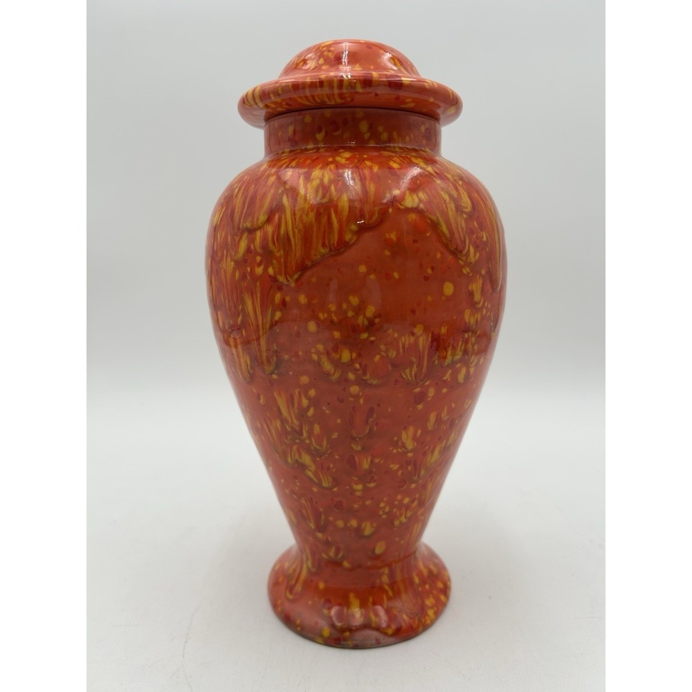 Studio Art 70s Hand Painted Lidded Ginger Jar Shape Vase Urn Drip Glaze Signed